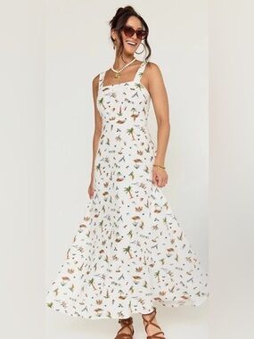White Tropical Print Maxi Dress